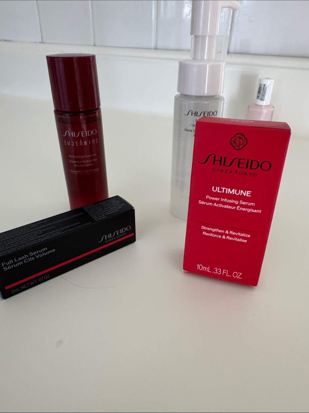 Shiseido skincare collection in red and black packaging